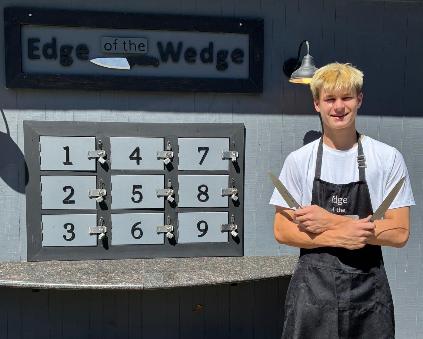 An Edge of the Wedge sharpener standing beside the locker drop-off